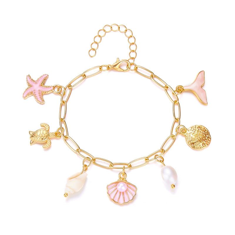 Shell Starfish Bracelet Seahorse Conch Starfish Sea Shell Pearls Charm Stone Bracelet Statement Bohemian Sea Themed Beach Jewelry for Women - color: Pink F
