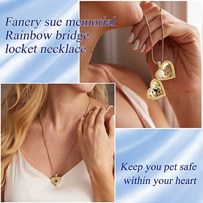 Fanery Sue Personalized Pet Locket Picture Necklace,Dog Cat Memory Gift | Custom Engraved Heart Photo Lockets Necklaces,Dog Cat Sympathy Memorial Jewelry for Women Men - color: Golden, style: Pawprint on Rainbow Bridge