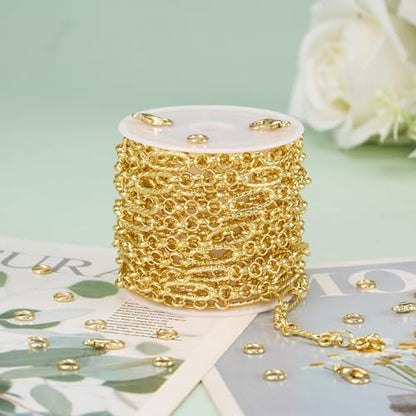 3M Mixed Material Chain Roll 18K Gold Plated Circle Chains Bulk | Embossed Paperclip Jewelry Links for Women Men DIY Handcraft Finding Jewelry Supplies - color: Small Circle Gold