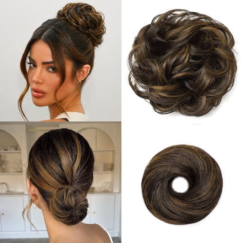 2PCS Messy Bun Hair Pieces Synthetic Hairpieces For Women | Messy Bun and Donut Bun in one set for natural-looking volume and elegant updos for every occasion. - color: Dark Brown with Caramel Highlights