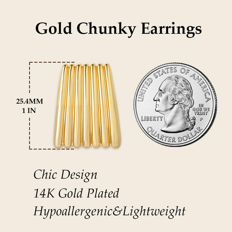 Gold Chunky Statement Earrings for Women, Trendy 14K Gold Plated Square Geometric Vintage Drop Dangle Designer Stud Earrings, Jewelry Gift - style: ribbed-gold