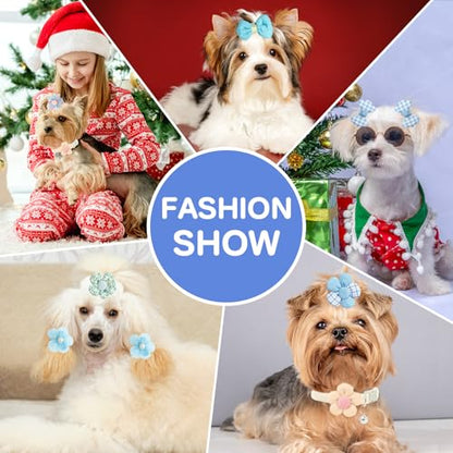 180+ Pcs Blue Dog Hair Accessories Set,Small Dog Hair Bows with Rubber Bands,Cute Puppy Hair Ties,Bowties for Small Dogs Cats,Dog Hair Clip,Floral Bell Collar,Flower Scrunchie - color: Blue