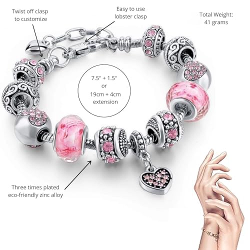 2 Pack Charm Bracelets Pink and Gold Heart Silver Plated Charm Bracelet, DIY Jewelry for Women Gifts, with Beads, Crystal, Charms, Love and Adjustable Snake Chain, Fits 7.5"+1.5"