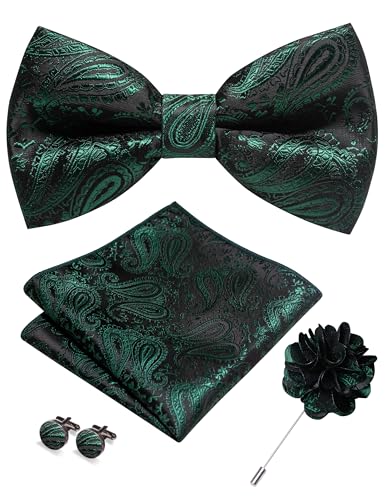 JEMYGINS Mens Paisley Bow Tie and Lapel Pin Necktie Pocket Square and Tie Clip with Sets for Business Casual 4PCS - color: Dark Green