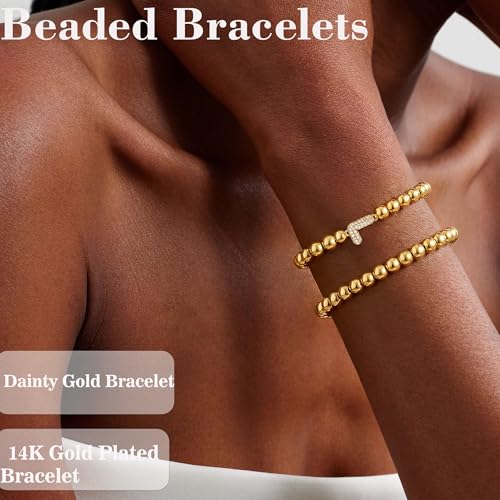 Initial Stack Bracelet Set for Women Trendy 14K Gold Plated Beaded Stackable Stacking Stretch Name Bracelets Dainty Friendship Waterproof Charm Cute Birthday Jewelry Gifts for Women - color: Initial L