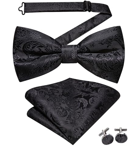 Hi-Tie Silk Mens Suit Vest Tie and Bowtie Lapel Pin Gold Tie Clip Paisley Floral Waistcoat 8PCS Set Tuxedo Wedding Party - color: Black, size: X-Large
