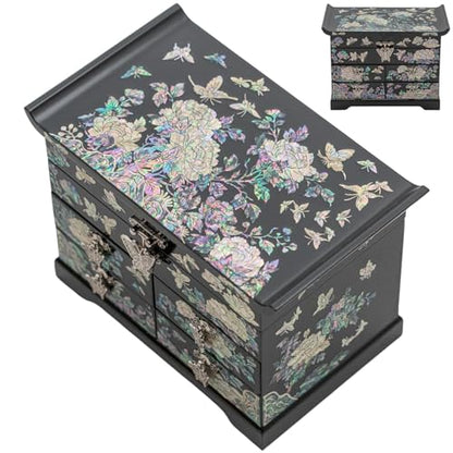 February Mountain Mother of Pearl Jewelry Box with Traditional Mother of Pearl Inlay - Elegant Floral and Butterfly Design for Her - style: Black
