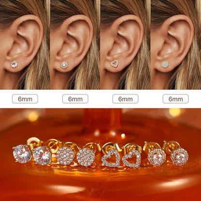 SAILIMUE Hypoallergenic Sterling Silver Stud Earrings for Women Men | Brilliant Heart Knot Round Cubic Zirconia Earring Studs for Sensitive Ears Gold Silver Tone - color: gold-D