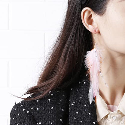 Long Bohemian Pheasant Feathers Statement Earrings Handmade Natural Lightweight Feather Dangle Earrings for Women (ea000067) - color: Pink&Brown