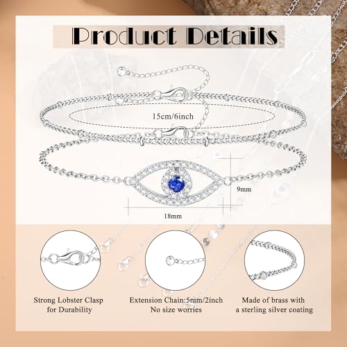 MILACOLATO 925 Sterling Silver Clasp Paperclip Chain Bracelets for Women | 14K White Gold Plated Adjustable Bracelets, Dainty Stackable Layered Satellite Beads Evil Eye Infinity Bracelets Jewelry Gift - color: Evil Eye Chain + Satellite Chain