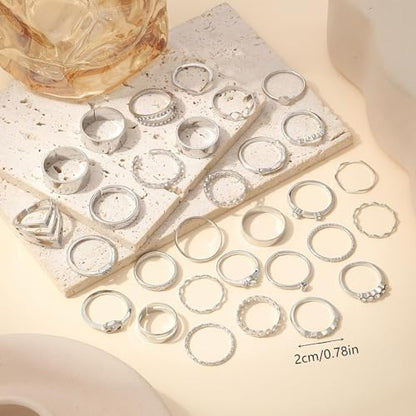Gold Rings for Women Non Tarnish Stackable Rhinestone Moon Star Rings Dainty Stacking Pearl Butterfly Midi Pinky Thumb Joint Finger Knuckle Ring Set Gold Non Tarnish Jewelry Gifts Trendy Stuff - color: B Silver Stackable Rings 30Pcs