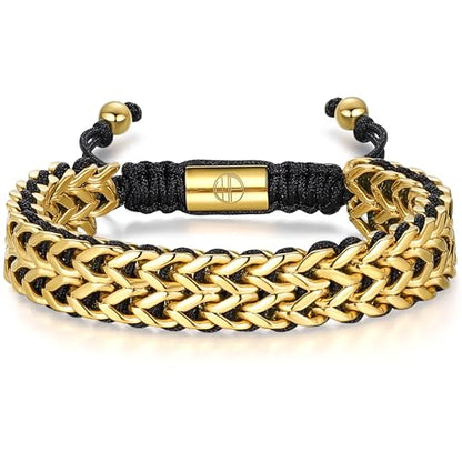 18K Gold-Plated Bracelets for Men Franco Link Chain Adjustable | Stainless Steel Bracelet, Gold Beads Bracelet, Handcrafted Braided, Mens Jewelry Birthday Gift for Men - color: Metallic Gold