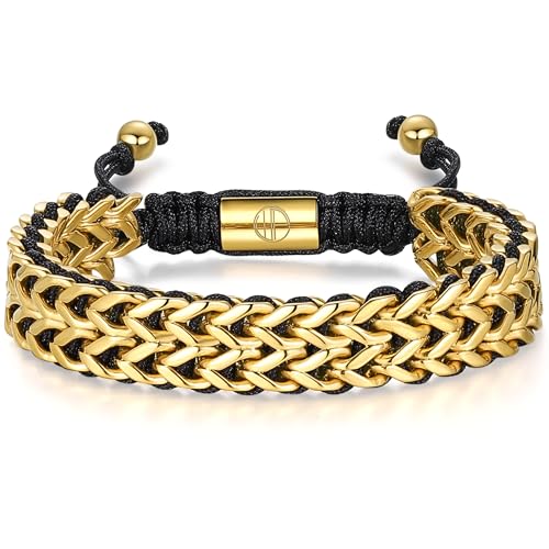 18K Gold-Plated Bracelets for Men Franco Link Chain Adjustable | Stainless Steel Bracelet, Gold Beads Bracelet, Handcrafted Braided, Mens Jewelry Birthday Gift for Men - color: Metallic Gold