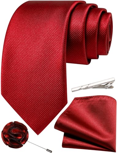 Solid Color Tie and Pocket Square with Tie Clip Lapel Pin Silk Formal Necktie Set Wedding Formal - color: Red