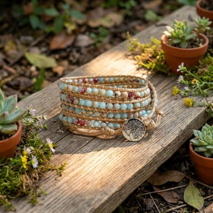 YGLINE Natural Stone Wrap Bracelet for Women Boho Bracelets Healing Crystal Beaded Bracelet Adjustable 3/5 Wraps Bracelet Handmade Birthday Gifts for Women - color: agalmatolite