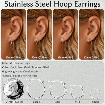 Small Surgical Steel Hoop Earrings for Women Hypoallergenic Colorful Hoops | Stainless Steel Hoop Earrings Silver Gold Black Loop Huggie Earring 5 Colors