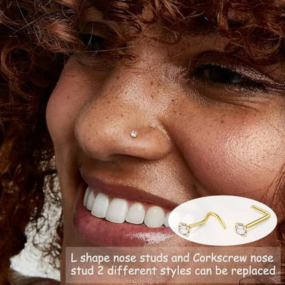 8PCS Titanium Nose Rings Stud, Gold Nose Ring for Women Men Hypoallergenic Nostril Hoops L Shape Nose Studs Corkscrew CZ Nose Piercing Jewelry Silver 18G & 20G Nose Ring Studs 2/2.5/3mm - style: 8PC-Gold