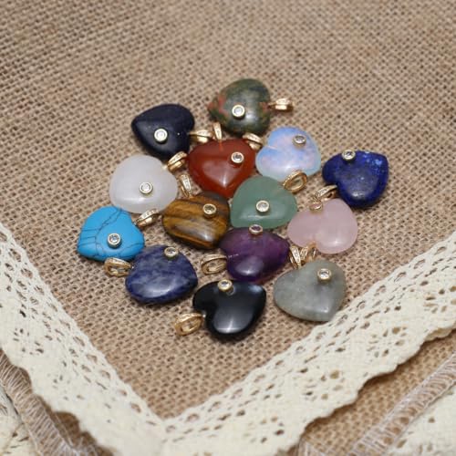 LE SKY Natural Stone Pendants Healing Crystal Gemstones with Rhinestone Charms for jewelry Making Necklace DIY Craft Gift - color: heart