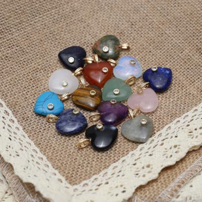 LE SKY Natural Stone Pendants Healing Crystal Gemstones with Rhinestone Charms for jewelry Making Necklace DIY Craft Gift - color: heart