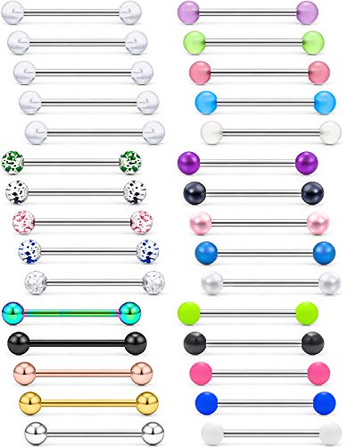 Prjndjw 14G, 16/19/22mmL, 25/30PCS, 5mm Ball Barbell Tongue Ring. Surgical Steel Nipple Piercing Vemom/Glow in The Dark/Created Pearl/Body Jewelry for Woman Unisex - color: 7/8in(22mm)