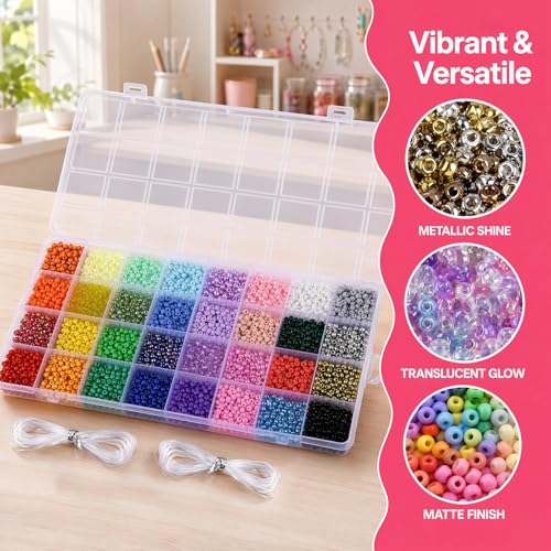 4800pcs 32 Color 4mm Glass Seed Beads for Bracelet Making with Storage Box | Glass Seed Beads for Bracelet Making Kit, Jewelry Making Supplies, Waist Beads, Friendship Bracelet Crafts