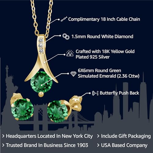 Gem Stone King 18K Yellow Gold Plated Silver Simulated Emerald and White Diamond Pendant Earrings Jewelry Set For Women | 2.36 Cttw | With 18 Inch Chain | Fine Jewelry Gifts for Women Mom Wife Her