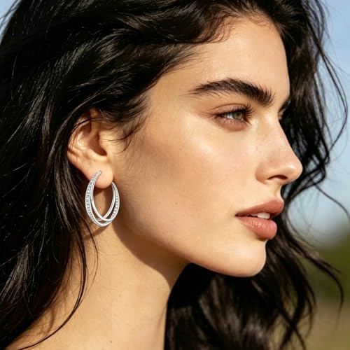 Parmuz 925 Sterling Silver Earrings Hoops for Women Ladies Simple Lightweight Twisted Medium Hoop Earrings With Cubic Zirconia Hypoallergenic Jewelry for Her - color: Big three circles earring