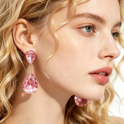 Teardrop Crystal Drop Earrings for Women, 14K Gold Plated Large Double Teardrop Dangle Earrings,Rhinestone Earrings for Wedding Prom Bridesmaid Party,Emerald/Red/Blue/Black/Pink/White Statement Earrings - color: pink