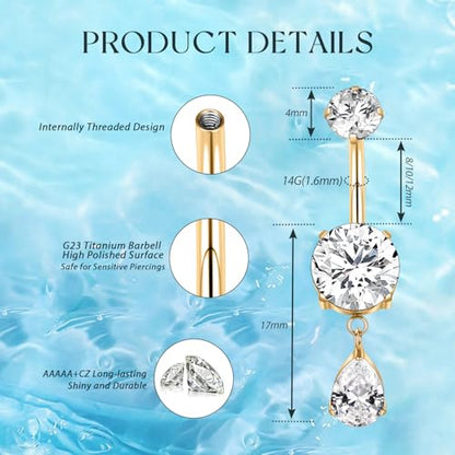 GAGABODY G23 Titanium Belly Button Rings Dangly Belly Ring Navel Piercing Ring Belly Piercing Jewelry 14G 3/8 inch 10mm Navel Barbell CZ - color: Gold+Dangly Waterdrop Shape Clear CZ
