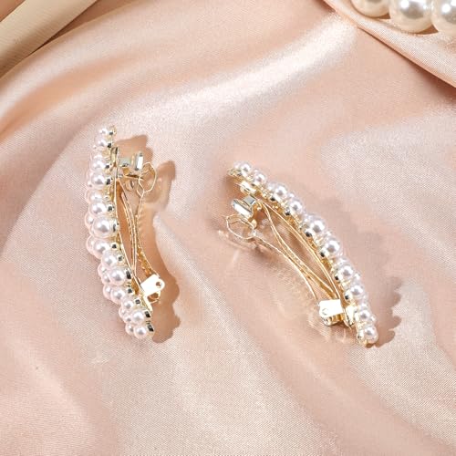 2Pcs Pearl Barrettes for Women,Elegant Pearl Hair Clips | White Fancy Hair Barrettes Wedding Brides Hairs Accessory,Party Daily Use