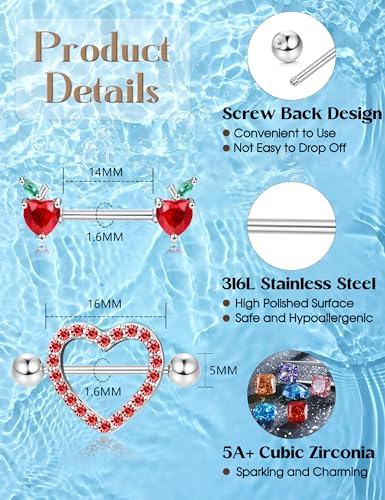 JOERICA 6 Pairs 14G Nipple Rings for Women 316L Stainless Steel Heart Butterfly Moon CZ Flower Barbell Nipple Rings Set Cute Nipplerings Piercing Jewelry - color: Red Tone