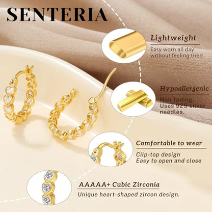 Senteria 925 Sterling Silver Post Hoop Earrings Hypoallergenic Small Heart Hoop Earrings with AAA+Cubic Zirconia Twisted Huggie Hoops Earring for Women 15MM/20MM - color: gold-heart-20mm