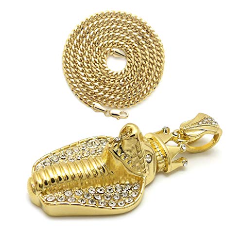 Fashion 21 Unisex Iced Out King Crowned Cobra Snake Pendant 24" Various Chain Necklace in Gold, Silver Tone - color: Gold / 3mm 24" Cuban Chain