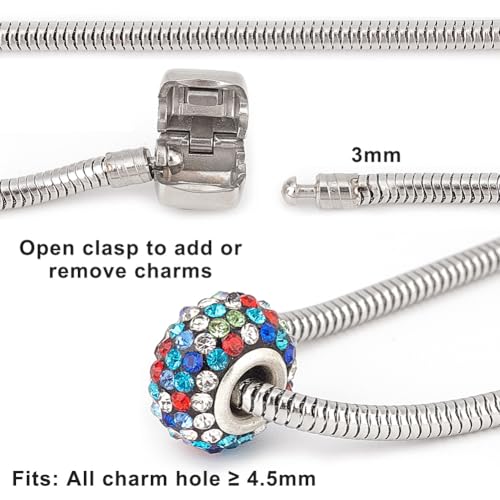 PH PandaHall 1 Pack European Charm Bracelet Stainless Steel Snake Chain with Barrel Snap Clasp for Women Fits European Style Charm Beads 7.1 Inches