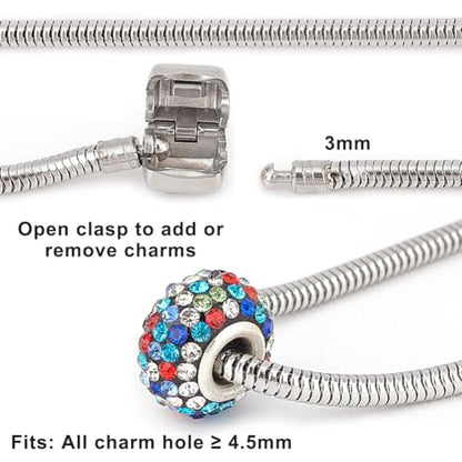 PH PandaHall 1 Pack European Charm Bracelet Stainless Steel Snake Chain with Barrel Snap Clasp for Women Fits European Style Charm Beads 7.1 Inches