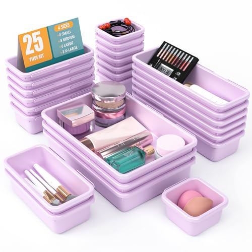 25 PCS Drawer Organizer Set, 4 Size Makeup Drawer Divider Organizer With Non-Slip Pads, Interlocking Plastic Storage Bins for Office,Jewelry Vanity,Gadgets, Bathroom,Kitchen, Purple - color: Purple, size: 25Pack