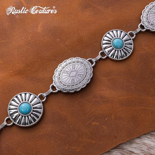 Montana West Rustic Couture's Turquoise Western Concho Chain Belt for Women | Large Western Cowgirl Metal Adjustable Boho Body Chain Belt for Dresses Jeans Country Concert - color: Peacock Plume Turquoise