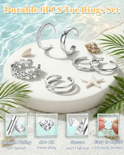 Besteel 6 PCS Toe Rings for Women - 14K Gold Filled Non Tarnish Waterproof | Adjustable Silver Toe Ring Simple Open Band Hug CZ Chunky Flower Toe Rings Set Trendy Summer Beach Foot Jewelry for Women - style: Silver: twist&flower toe ring
