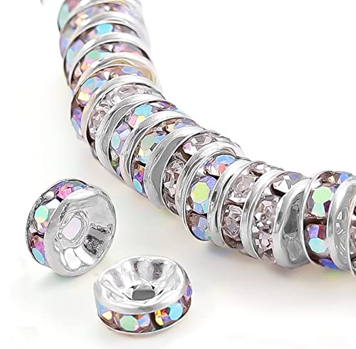 200Pcs 8mm Rondelle Spacer Beads Silver Plated AB Color Crystal Rhinestone for Jewelry Making Loose Beads for Bracelets - color: AB Color, size: 8mm