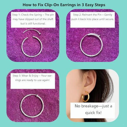 Gold Clip On Spring Hoop Earrings for Women - 14K Chunky Non Pierced Earring Plated Hoops Drop Dangle Earrings No Piercing Jewelry - color: Silver