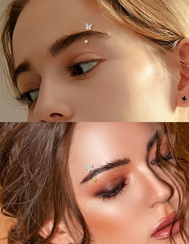 18Pcs Eyebrow Piercing Jewelry 16G Surgical Steel Curved Barbell Eyebrow Rings Butterfly Moon Vertical Labret Monroe Lip Belly Button Rook Daith Tragus Earrings for Women Men Gold Silver 10mm - color: Gold