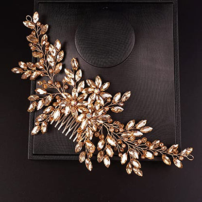 Hair Comb, Women Handmade Wedding Champagne Rhinestone Crystal Flower Headpiece for Bride, Bridal Headpieces for Women Girls - color: CHAMPAGNE