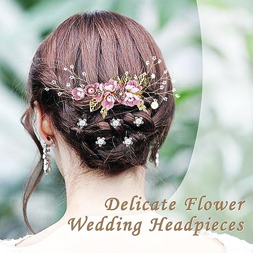 Cinaci 18 Pieces Bridal Wedding Party Prom Pearl Rhinestone Purple Flower Hair Side Combs Slides+U-shaped Flower Hair Pins+Twist Spiral Hairpins Floral Headpieces for Brides Bridesmaids Women Girls - color: Purple