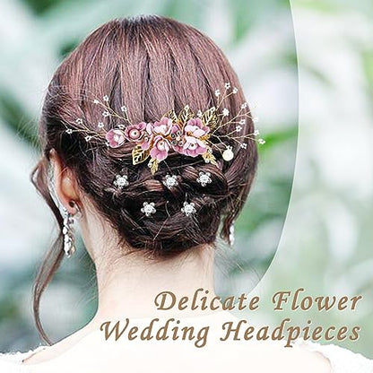 Cinaci 18 Pieces Bridal Wedding Party Prom Pearl Rhinestone Purple Flower Hair Side Combs Slides+U-shaped Flower Hair Pins+Twist Spiral Hairpins Floral Headpieces for Brides Bridesmaids Women Girls - color: Purple