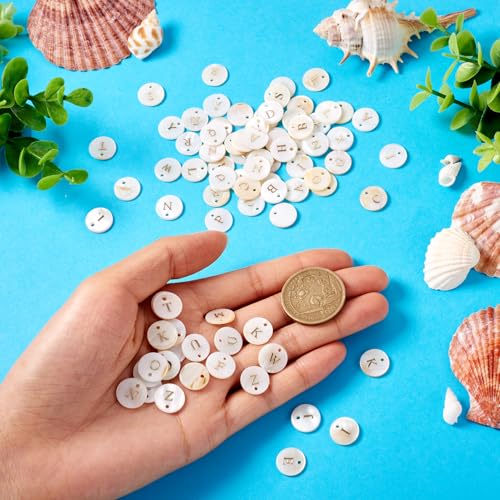 Craftdady 104pcs Flat Round Shell Letter Alphabet Pendants Freshwater Shell with A-Z Initial Capital Letter Circle Charms 11.5mm for DIY Name Bracelets Necklaces Earrings Making - color: Golden Letter