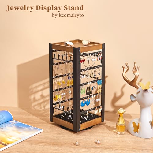 360° Rotating Jewelry Organizer, Earring Holder with Ring Tray & Hooks | Stores 200+ earrings, rings, necklaces and bracelets with a bamboo tray for perfume, lipstick and vanity essentials. - color: Black
