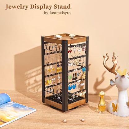 360° Rotating Jewelry Organizer, Earring Holder with Ring Tray & Hooks | Stores 200+ earrings, rings, necklaces and bracelets with a bamboo tray for perfume, lipstick and vanity essentials. - color: Black