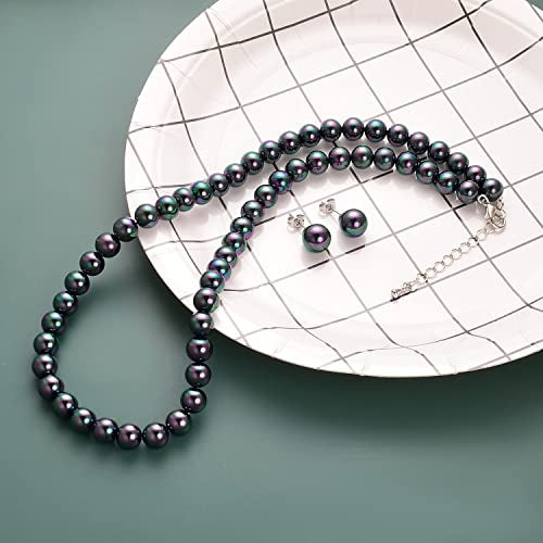 8mm 10mm Faux Pearl Necklace Earrings Set for Women White Black Round Glass Pearl Wedding Jewelry Gifts - color: Black Pearl-Ear Stud Set, size: 8mm