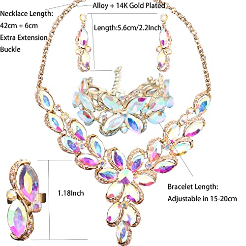Jewelry Set for Women Rhinestone Austrian Crystal Statement Flower Necklace Link Bangle Bracelet Dangle Earrings Rings Allergy Free Wedding Party Jewelry Set for Bridal Bridesmaid - color: AB Crystal-Gold Plated