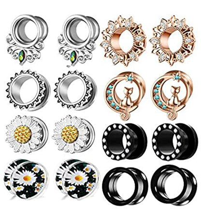 Suotarn 8 Pairs Ear Gauges For Women Black Internally Flare Earrings Plugs Gauges For Ear Stainless Steel Plug Tunnel Piercing Stretcher Kit 00g 0g-5/8'' inch - color: 14mm=9/16''